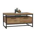 Moda industrial Style Coffee Table with wood-look laminated surface and black metal frame, featuring open shelf and two spacious drawers.