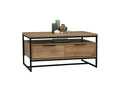 Moda industrial Style Coffee Table with wood-look laminated surface and black metal frame, featuring open shelf and two spacious drawers.