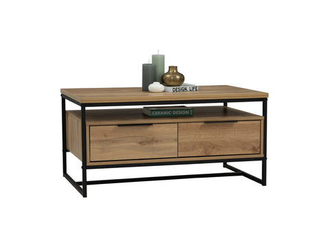 Moda industrial Style Coffee Table with wood-look laminated surface and black metal frame, featuring open shelf and two spacious drawers.