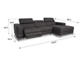 Modena Grey Leather Motorized Sectional Sofa with dimensions, featuring electric recliner and adjustable headrests.