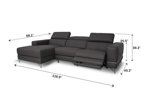 Modena Grey Motorized L Shape Sectional Leather Sofa with dimensions for modern living room design.