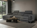 Modena Grey Motorized L Shape Sectional Leather Sofa - Left Chaise in a modern living room setting.