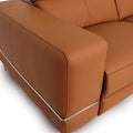 Modena Mahogany Brown Leather Motorized Sectional Sofa corner detail showcasing smooth leather and chrome accents.