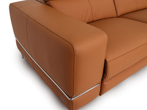 Modena Mahogany Brown Leather Motorized Sectional Sofa corner detail showcasing smooth leather and chrome accents.