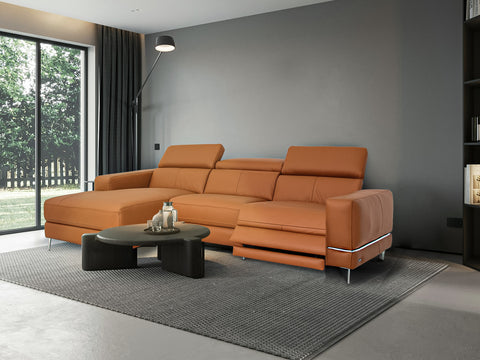Modena Mahogany Brown Leather Motorized Sectional Sofa - Left Chaise in a modern living room setting.