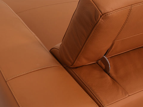 Close-up view of Modena Mahogany Brown Leather Motorized Sectional Sofa showing luxurious leather and recliner detail.