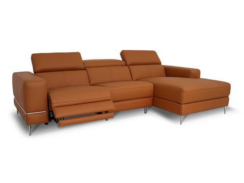 Modena Mahogany Brown Leather Motorized Sectional Sofa - Left Chaise with electric recliner and adjustable headrests.