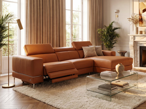 Modena Mahogany Brown Leather Motorized Sectional Sofa - Right Chaise