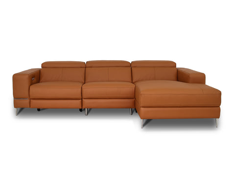 Modena Mahogany Brown Leather Motorized Sectional Sofa - Left Chaise in smooth pigmented leather with modern design.