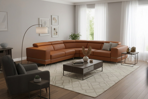 Modena Mahogany Brown Leather Dual Recliner 5 Seater L-Shape Sectional