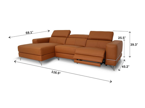 Modena Mahogany Brown Leather Motorized Sectional Sofa dimensions and sleek design image.