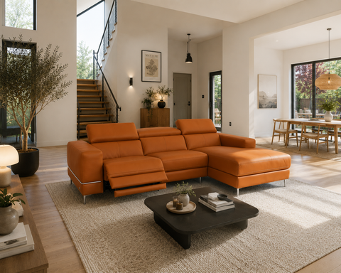 Modena Mahogany Brown Leather Motorized Sectional Sofa - Right Chaise
