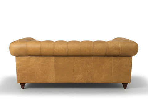 Back view of Stanhope Camel Brown Distressed Leather Loveseat Chesterfield showcasing its rich top-grain aniline leather.