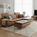 Milano Tan Leather Sectional Sofa - Right Chaise with Ottoman in a modern living room setting.