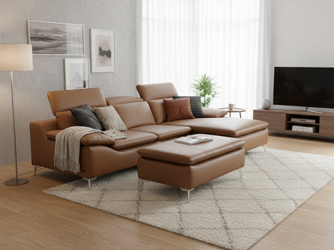 Milano Tan Leather Sectional Sofa - Right Chaise with Ottoman in a modern living room setting.