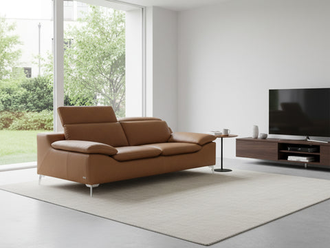 Milano Modern Tan Leather 3 Seater Sofa in a contemporary living room setting.