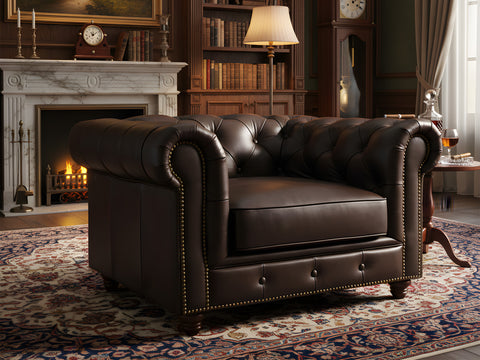 Stanhope Dark Chocolate 1 Seater Chesterfield in luxury study setting