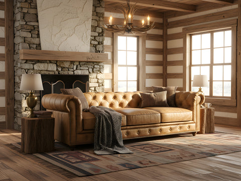 Stanhope Camel Brown Distressed Leather 3 Seater Chesterfield in rustic living room