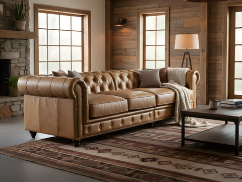 Stanhope Camel Brown Distressed Leather 4 Seater Chesterfield in rustic living room setting