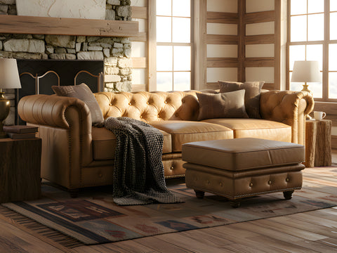 Stanhope Camel Brown Distressed Leather Chesterfield Ottoman in elegant living room setting