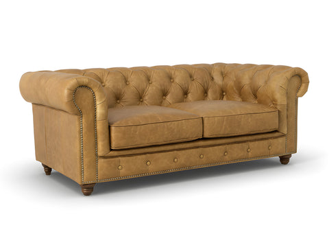 Stanhope Camel Brown Distressed Leather Loveseat Chesterfield with tufted back and rolled arms.