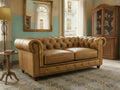 Stanhope Camel Brown Distressed Leather Loveseat Chesterfield in elegant room setting