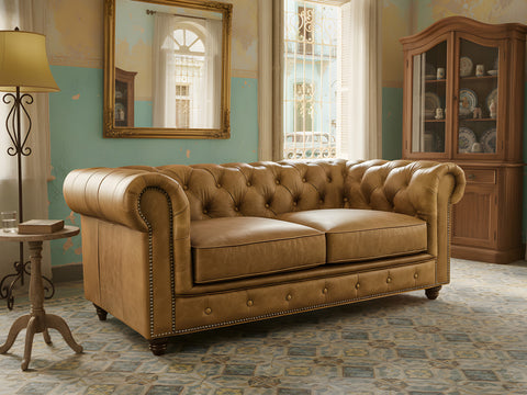 Stanhope Camel Brown Distressed Leather Loveseat Chesterfield in elegant room setting