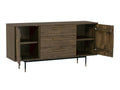 Nero Mid-Century Fluted Door Sideboard with Brass Handles featuring sleek brass tone handles and airy metal base.