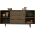 Nero Mid-Century Fluted Door Sideboard with Brass Handles featuring open doors and shelves with ceramic decor