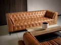 Nova Camel Brown Distressed leather 3 Seater sofa with deep button tufting and glossy black metal legs.