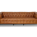 Nova Russet Brown 3 Seater Distressed Leather Sofa with deep button tufting and glossy black metal legs.