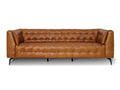 Nova Russet Brown 3 Seater Distressed Leather Sofa with deep button tufting and glossy black metal legs.
