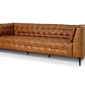 Nova Russet Brown 3 Seater Distressed Leather Sofa with button tufting and black metal legs.