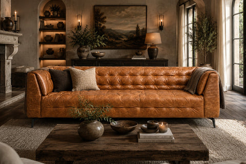 Cozy living room with a brown leather sofa, wooden coffee table, and decorative elements.