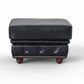 Stanhope Black Leather Chesterfield Ottoman showcasing British refinement in rich aniline leather with deep black tone.