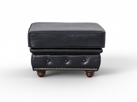 Stanhope Black Leather Chesterfield Ottoman showcasing British refinement in rich aniline leather with deep black tone.