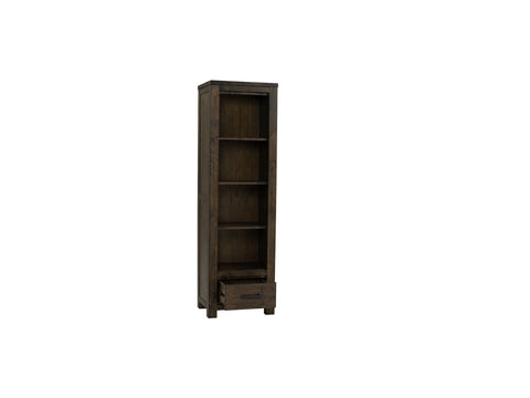 Pia Rustic Bookcase - Dark Solid Wood featuring tall display shelves and drawer, crafted from rich Oakaia Wood for modern and rustic interiors.