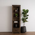 Pia Rustic Bookcase - Dark Solid Wood with open shelving and single drawer, crafted from Oakaia Wood, ideal for books and decor.