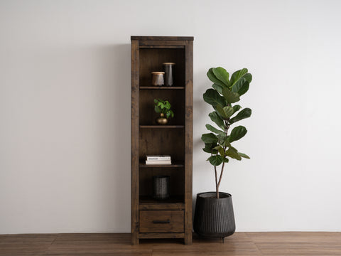 Pia Rustic Bookcase - Dark Solid Wood with open shelving and single drawer, crafted from Oakaia Wood, ideal for books and decor.