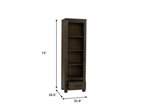 Pia Rustic Bookcase - Dark Solid Wood with open shelving and single drawer, ideal for modern and rustic interiors.
