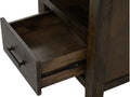 Drawer detail of Pia Rustic Bookcase - Dark Solid Wood, showcasing rich grain texture and elegant storage.