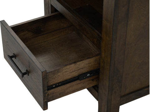 Drawer detail of Pia Rustic Bookcase - Dark Solid Wood, showcasing rich grain texture and elegant storage.