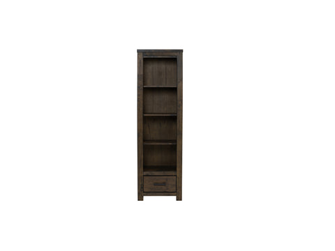 Pia Rustic Bookcase - Dark Solid Wood with open shelving and single drawer, elegant for modern and rustic interiors.