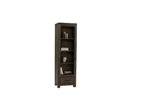 Pia Rustic Bookcase - Dark Solid Wood with open shelving and a single drawer, ideal for modern and rustic interiors.
