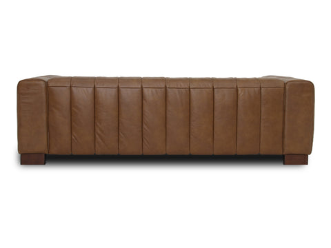 Portfino Vintage Brown Channel tufted leather sofa showcasing channel tufting and rich brown leather texture.