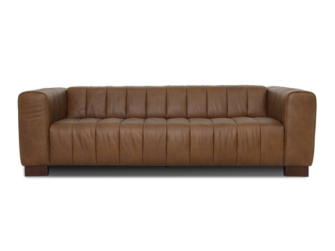 Portfino Vintage Brown Channel tufted leather sofa showcasing channel tufting and rich brown leather upholstery.