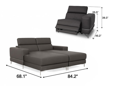 Modena Grey Leather Double Chaise Lounger with dimensions 68.1 x 84.2 inches, showcasing modern design and comfort.
