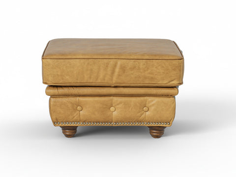 Stanhope Camel Brown Distressed Leather Chesterfield Ottoman, British refinement with top-grain aniline leather and deep Cognac tone.