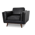 Selina Midcentury Black Leather Accent Chair with plush seat and rich leather upholstery for modern living spaces.