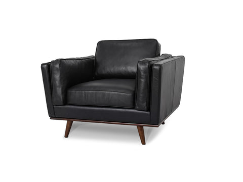 Selina Midcentury Black Leather Accent Chair with plush seat and rich leather upholstery for modern living spaces.